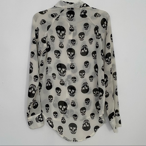 Fun & Flirt sheer button up blouse Small cream w/black skulls hearts eyes Gothic - Picture 2 of 6